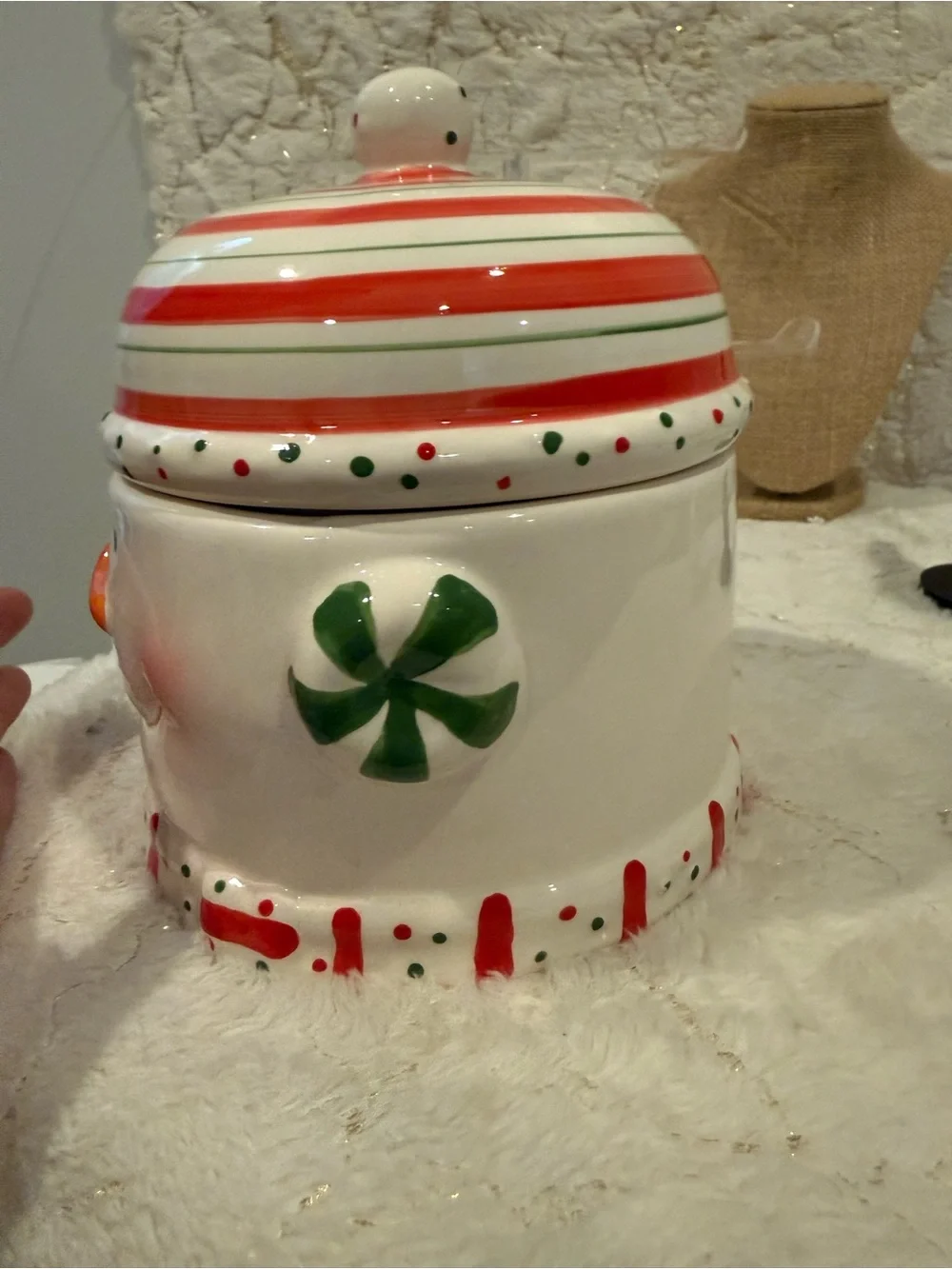 Holiday Snowman Ceramic Cookie Jar - White and Red